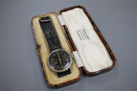A gentlemans 1930s WWII German Military stainless steel Urania manual wind chronograph black dial wrist watch